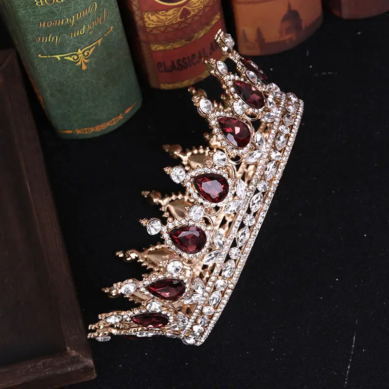 European Princess Bridal Crown with Pink Crystal Full Design - Image 3