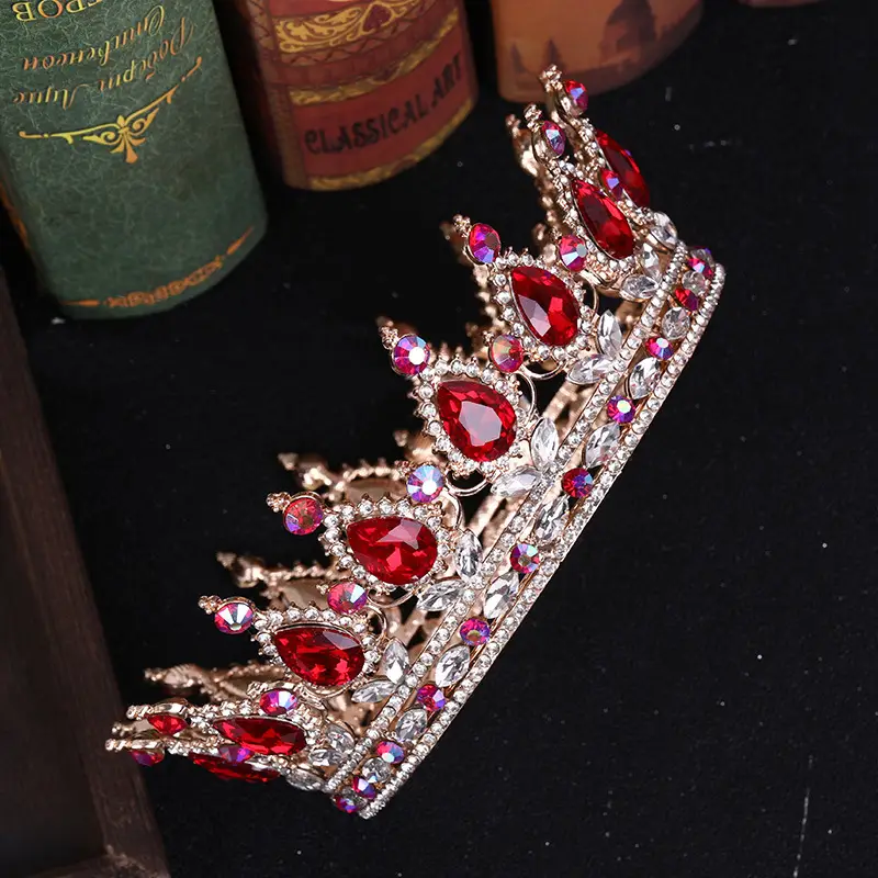 European Princess Bridal Crown with Pink Crystal Full Design - Image 5