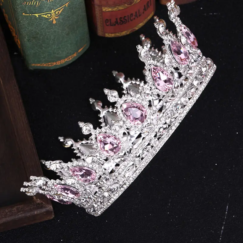 European Princess Bridal Crown with Pink Crystal Full Design - Image 8