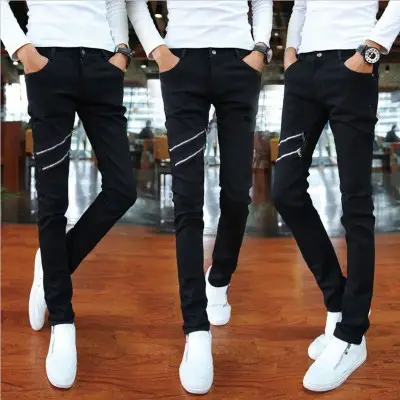 Men Slim Fit Elastic Waist Jeans Black Casual
