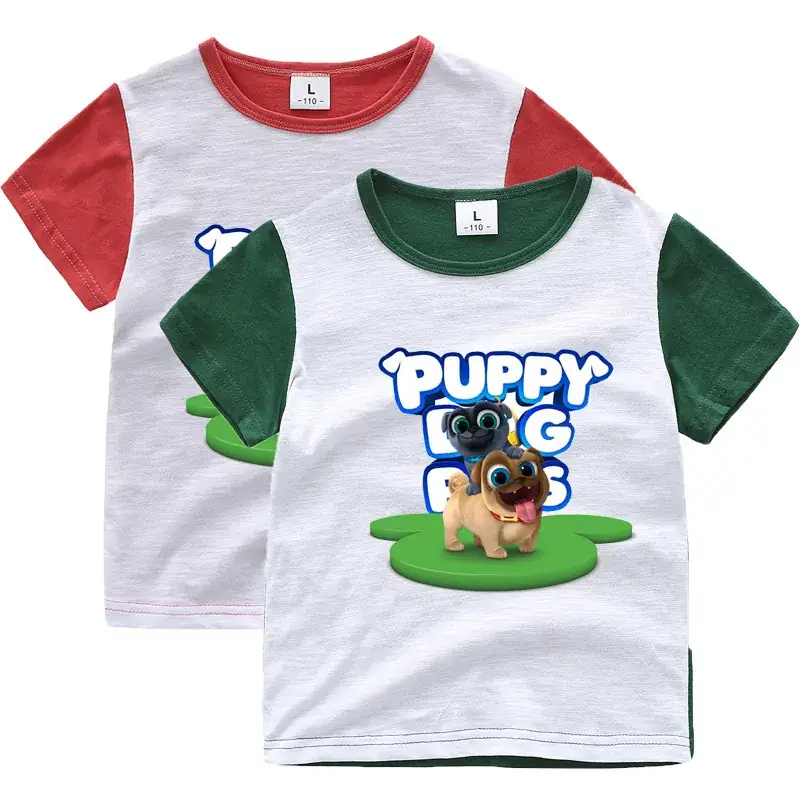 Puppy Dog Cartoon T-Shirt for Kids White Green - Image 3