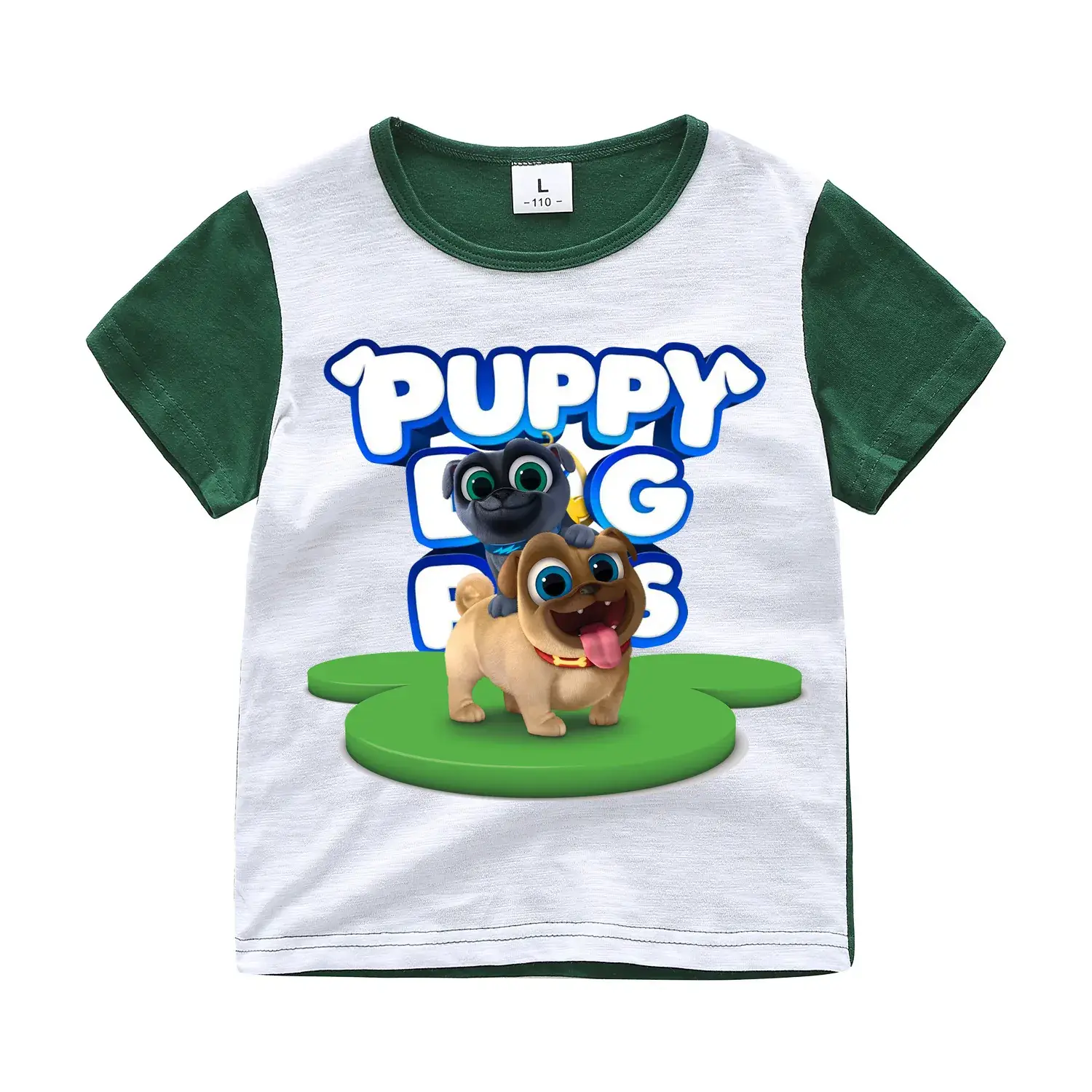 Puppy Dog Cartoon T-Shirt for Kids White Green - Image 2