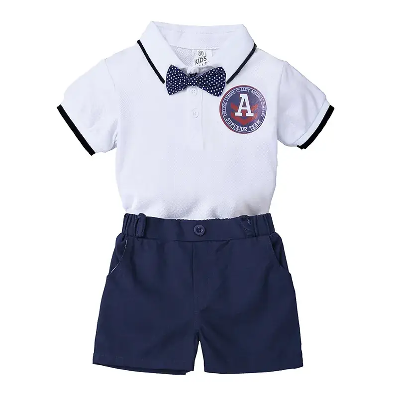 Baby Boys Cotton Lapel Top Shorts Set Navy Beige Bow Tie - Image 6