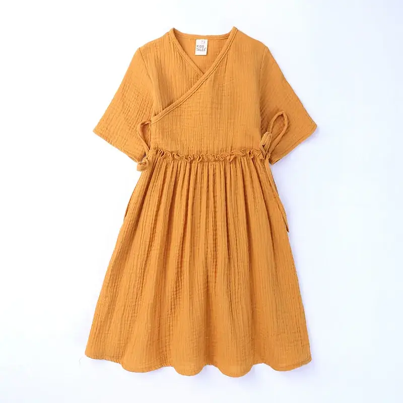 White Korean Style Cotton Linen Dress for Girls
