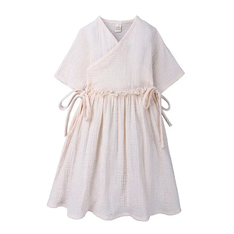 White Korean Style Cotton Linen Dress for Girls