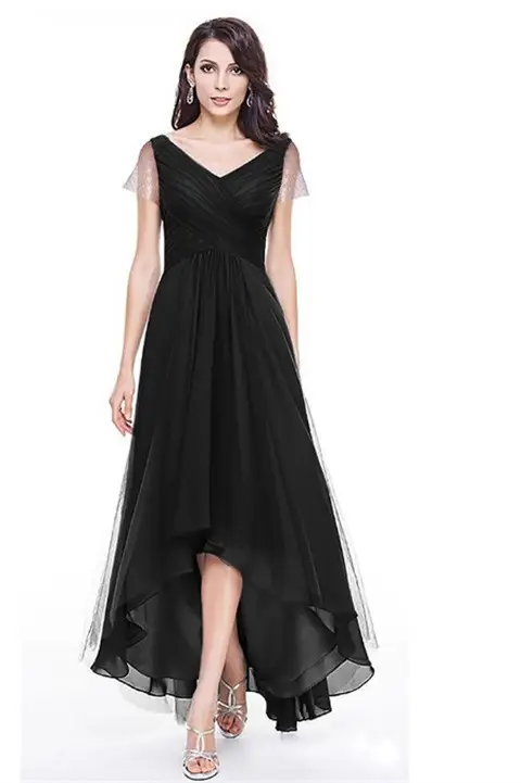 Black Long Skirt Dress with V-Neck and Tulle Layers - Image 2