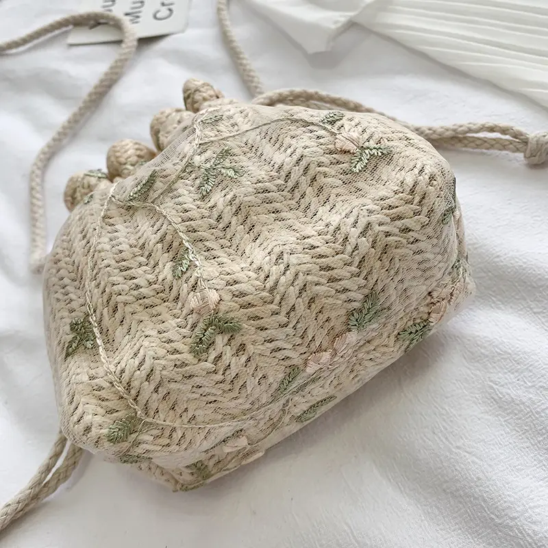 Women Woven Lace Drawstring Bag Beige 2022 - Image 5