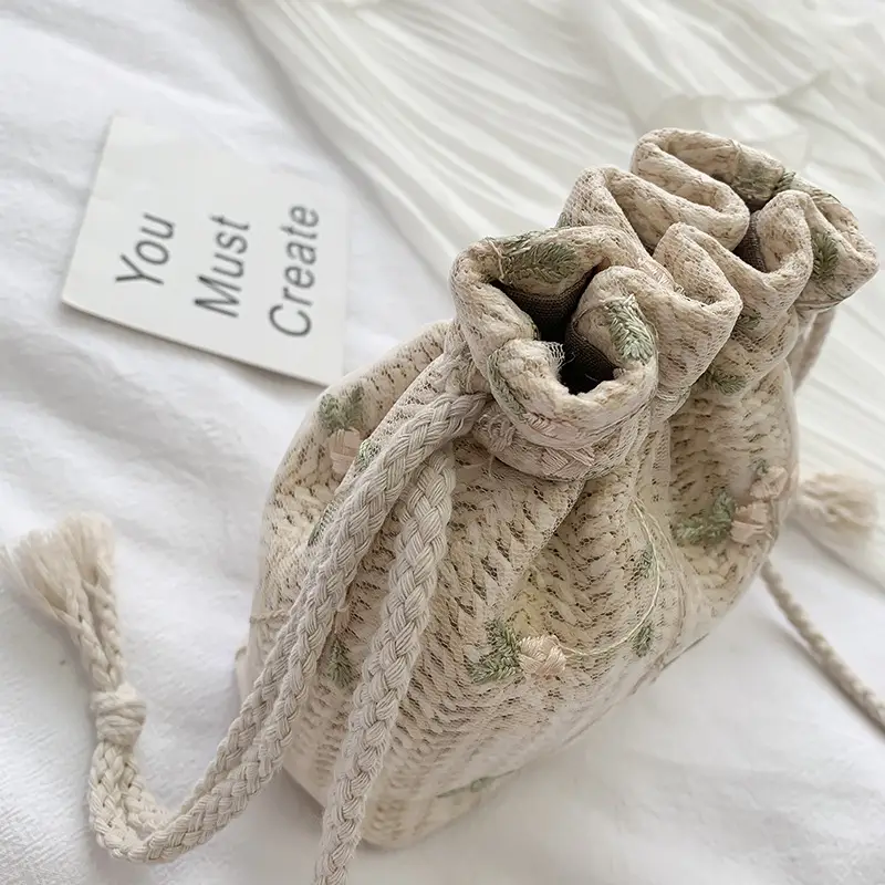 Women Woven Lace Drawstring Bag Beige 2022 - Image 6