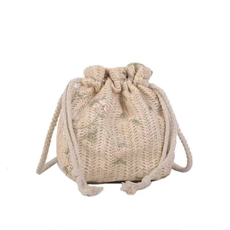 Women Woven Lace Drawstring Bag Beige 2022 - Image 8