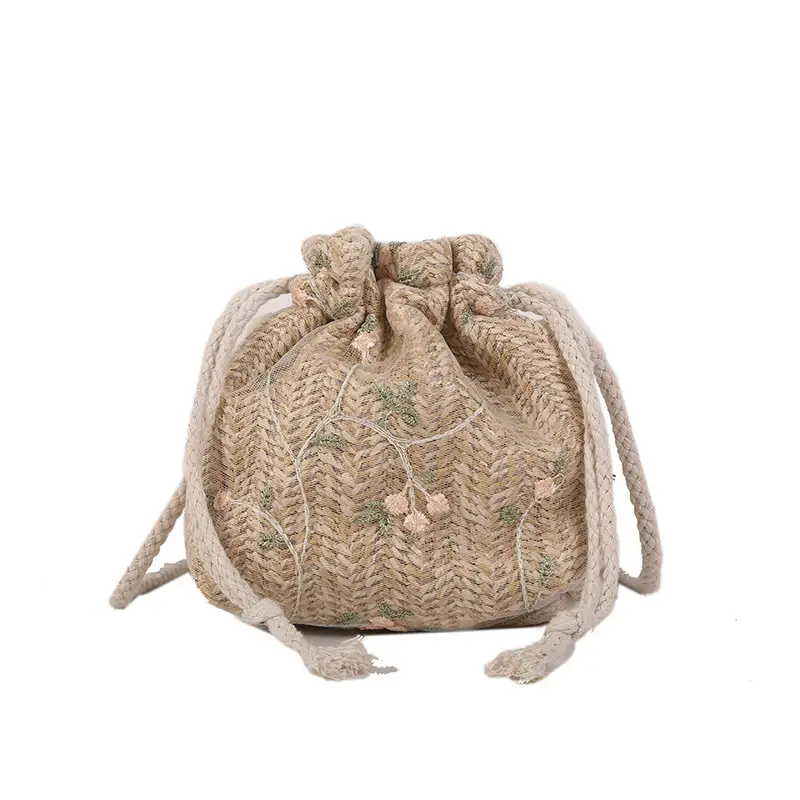 Women Woven Lace Drawstring Bag Beige 2022 - Image 2