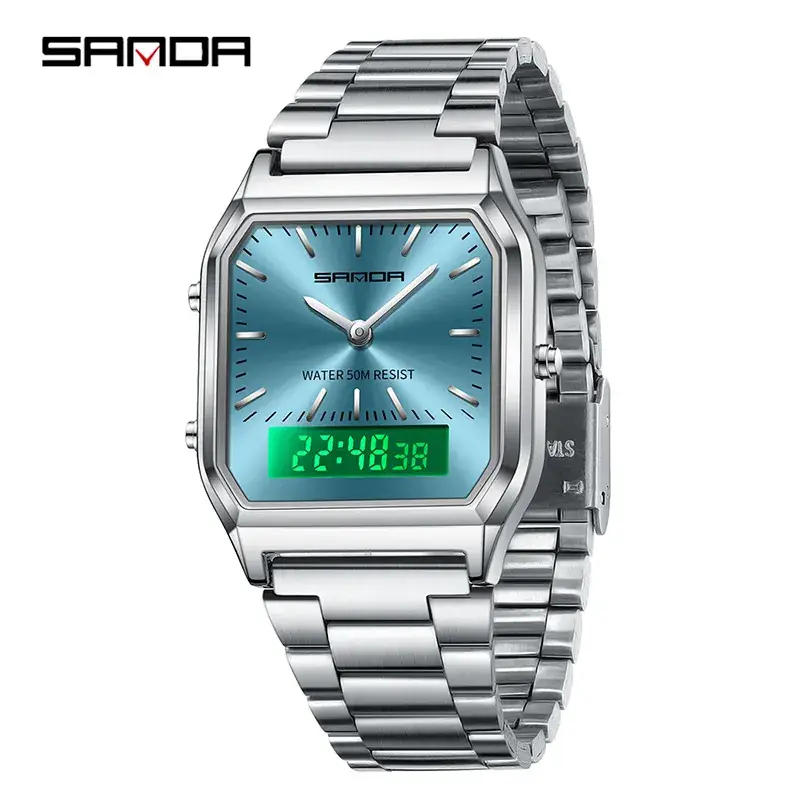 Sanda Women's Blue Digital Watch with Stainless Steel Band - Image 11
