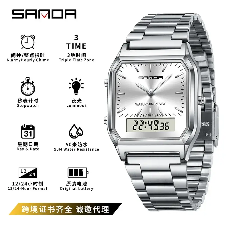 Sanda Women's Blue Digital Watch with Stainless Steel Band - Image 2