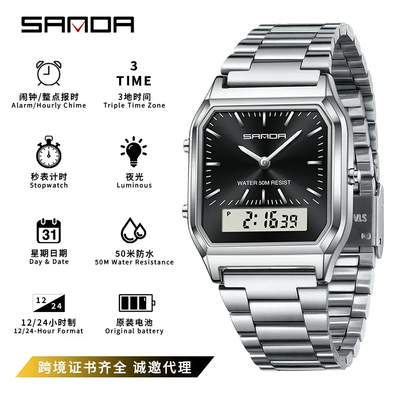 Sanda Women's Blue Digital Watch with Stainless Steel Band - Image 4