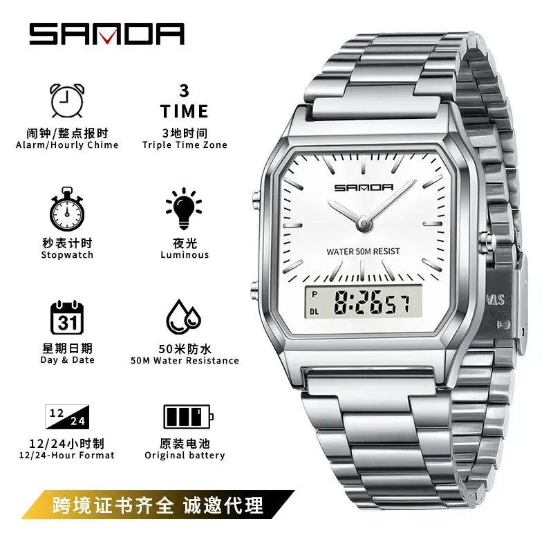 Sanda Women's Blue Digital Watch with Stainless Steel Band - Image 6