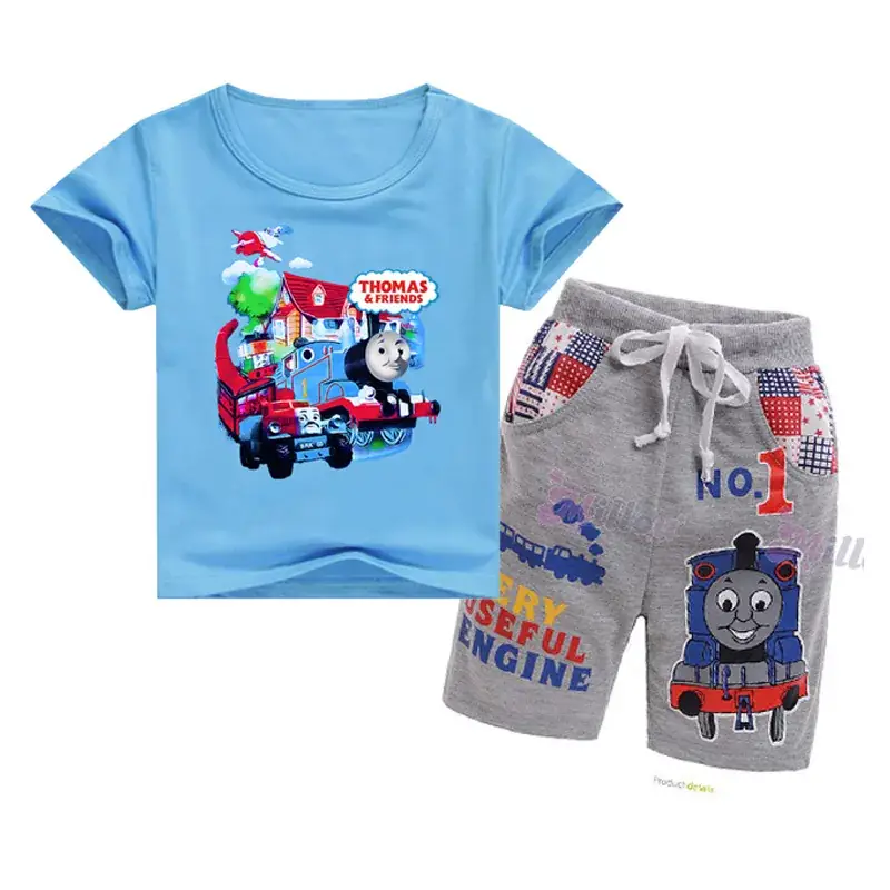 Kids Cartoon Train T-Shirt & Shorts Set Blue Grey - Image 6