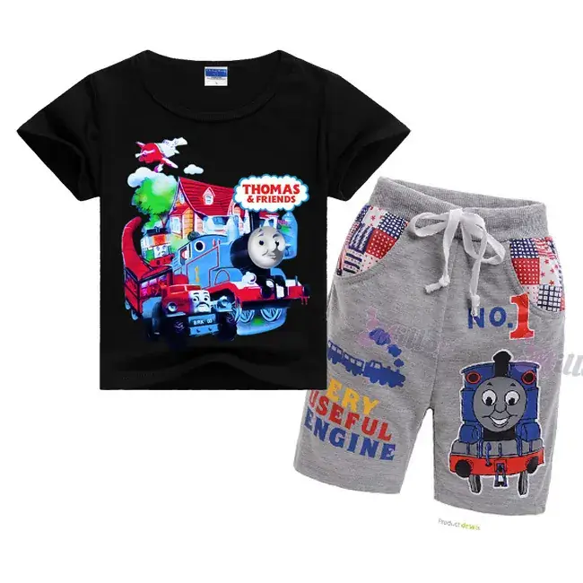 Kids Cartoon Train T-Shirt & Shorts Set Blue Grey - Image 11