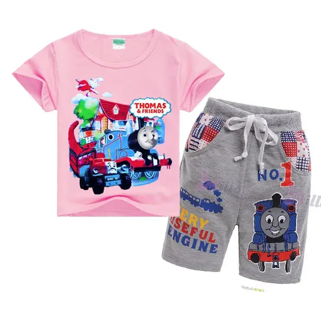 Kids Cartoon Train T-Shirt & Shorts Set Blue Grey — feature 7