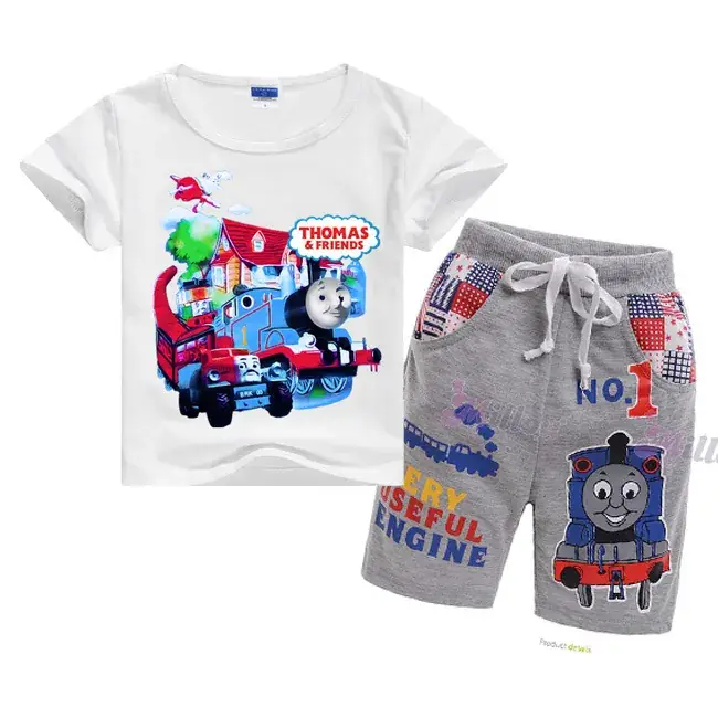 Kids Cartoon Train T-Shirt & Shorts Set Blue Grey — feature 8