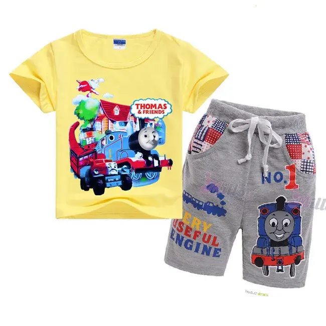 Kids Cartoon Train T-Shirt & Shorts Set Blue Grey - Image 2