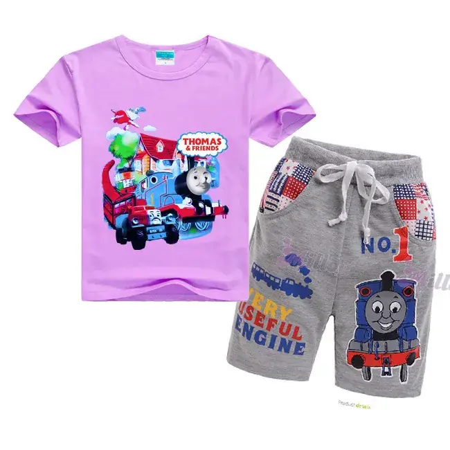 Kids Cartoon Train T-Shirt & Shorts Set Blue Grey - Image 4