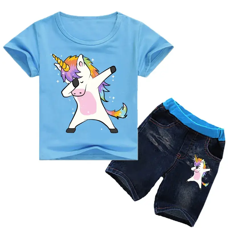 Children's Unicorn Printed T-Shirt & Jeans Set Blue - Image 6