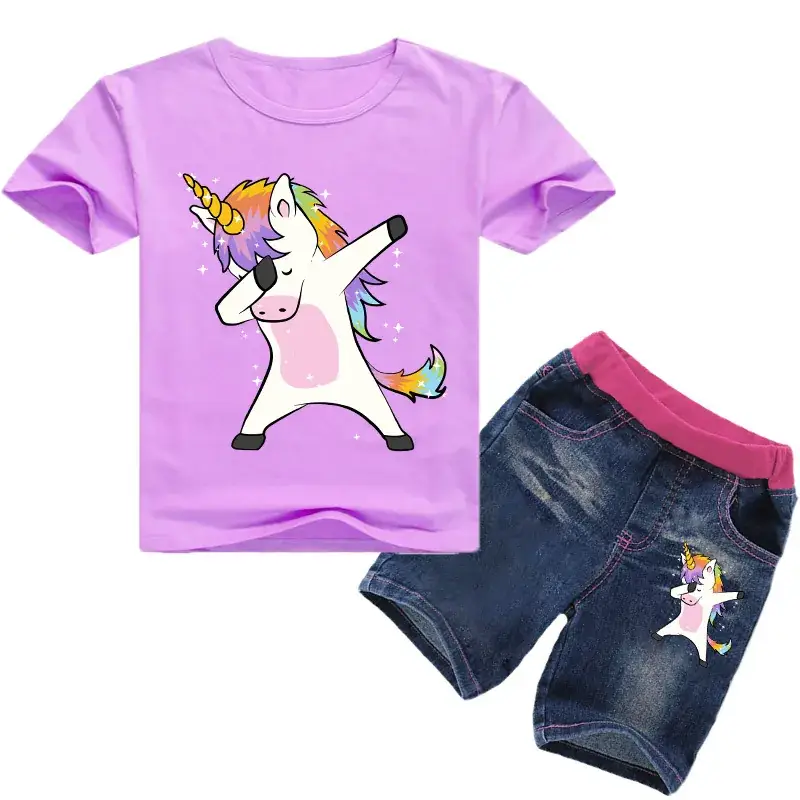 Children's Unicorn Printed T-Shirt & Jeans Set Blue - Image 4