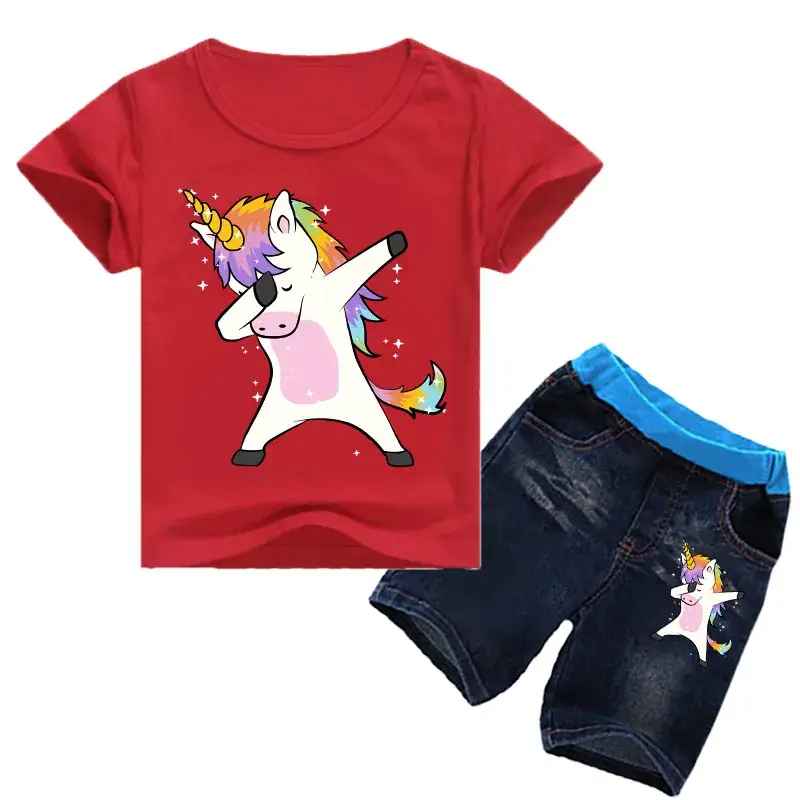Children's Unicorn Printed T-Shirt & Jeans Set Blue - Image 3