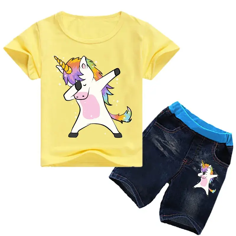 Children's Unicorn Printed T-Shirt & Jeans Set Blue - Image 2