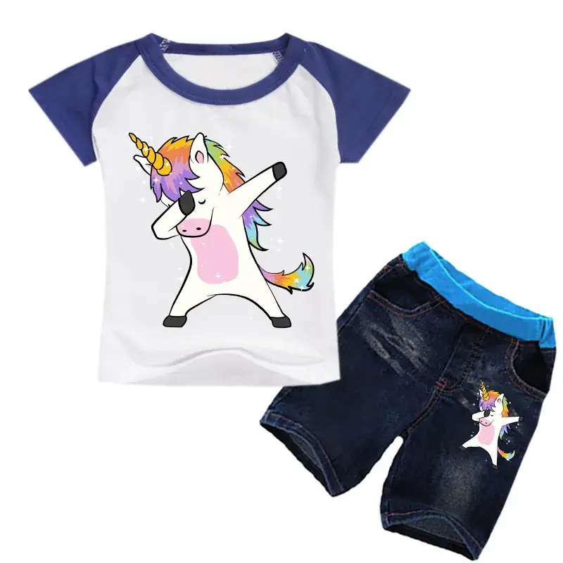 Children's Unicorn Printed T-Shirt & Jeans Set Blue — feature 12