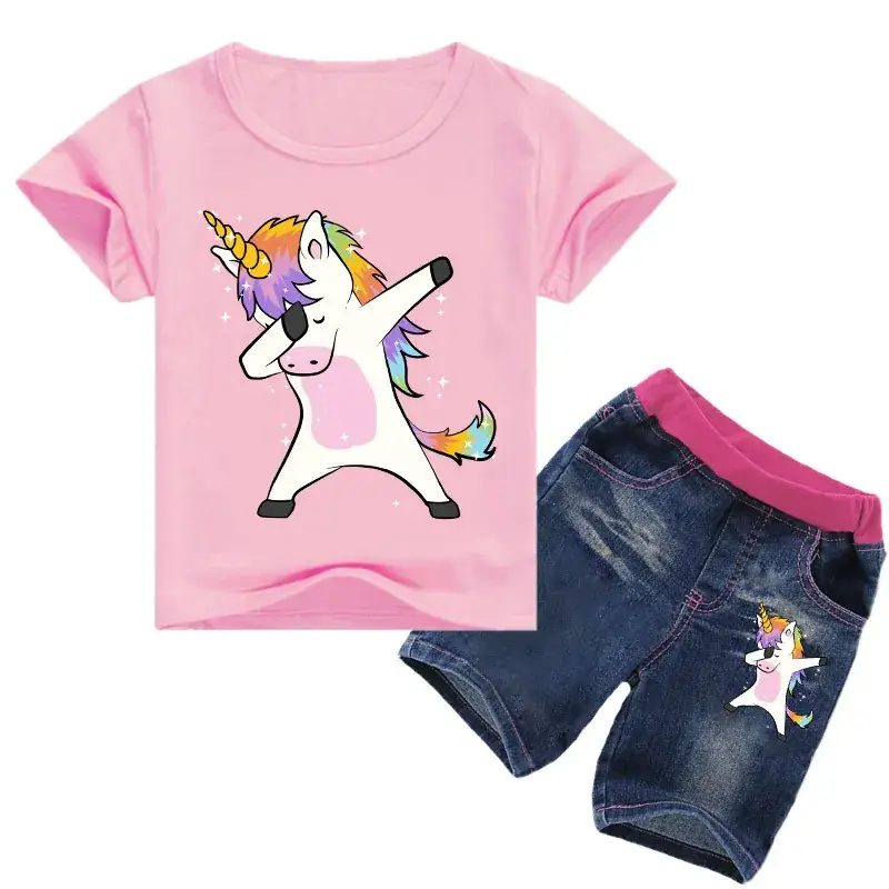 Children's Unicorn Printed T-Shirt & Jeans Set Blue - Image 7