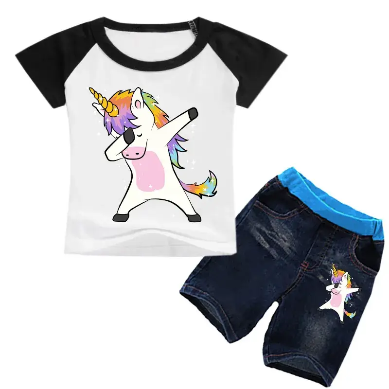 Children's Unicorn Printed T-Shirt & Jeans Set Blue - Image 9