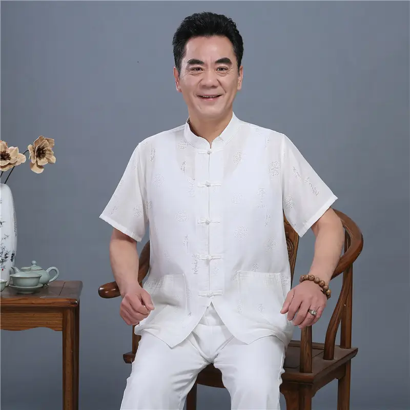 Men Linen Tang Suit White Short Sleeve Hanfu - Image 6