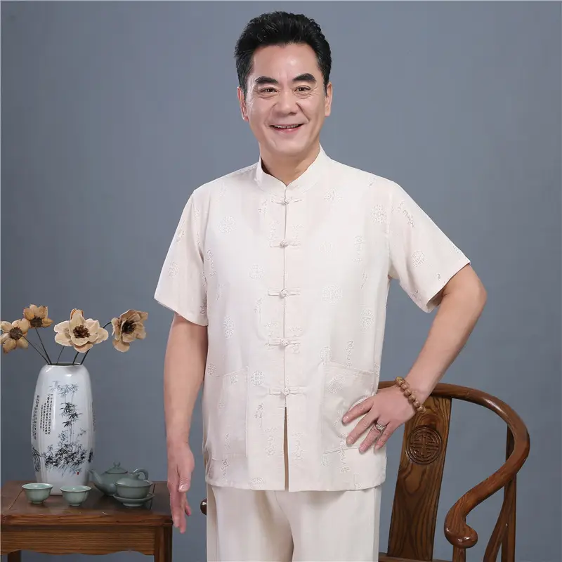 Men Linen Tang Suit White Short Sleeve Hanfu - Image 2