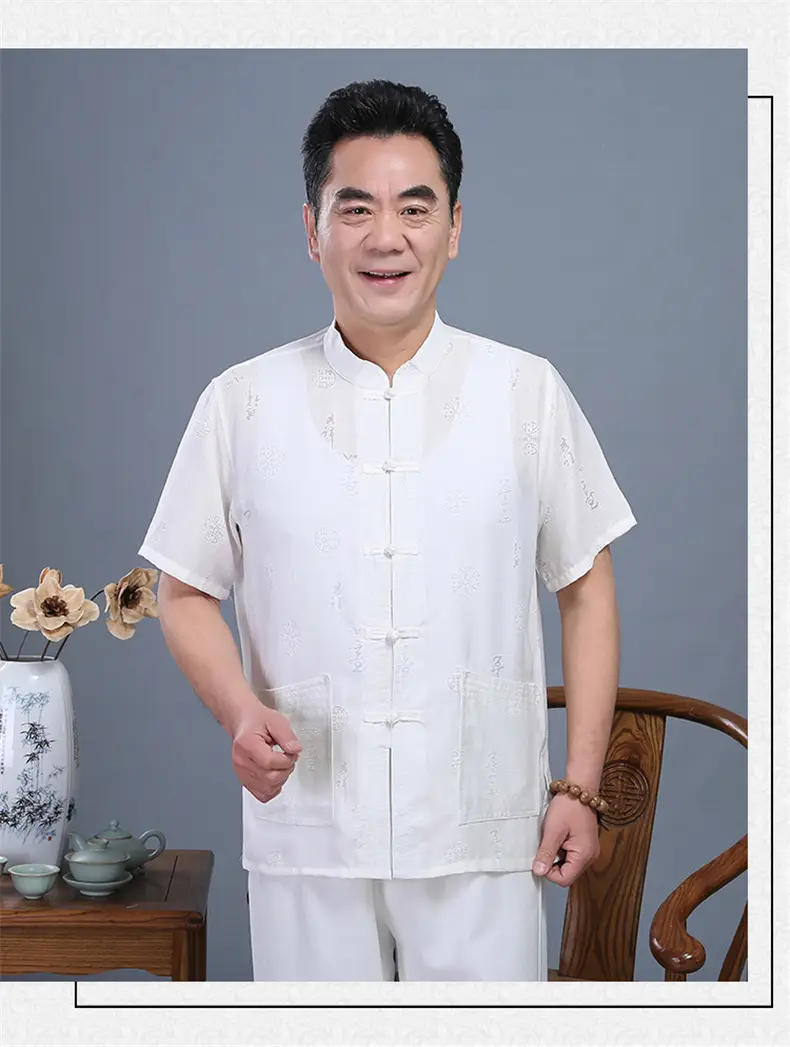 Men Linen Tang Suit White Short Sleeve Hanfu — feature 14