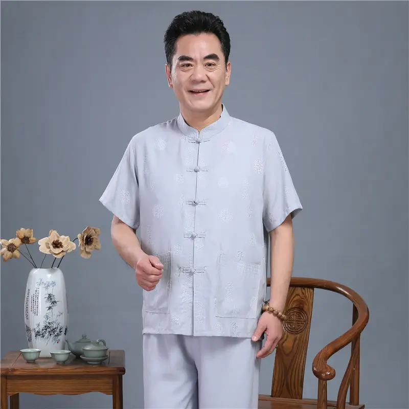 Men Linen Tang Suit White Short Sleeve Hanfu - Image 3