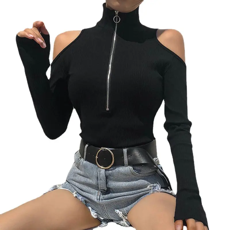 Black Cold Shoulder Zipper T-Shirt for Women - Image 6