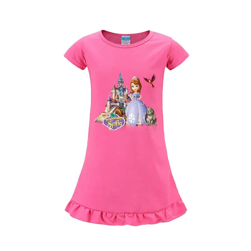 Girls Cartoon Print Pink T-Shirt with Ruffle Hem