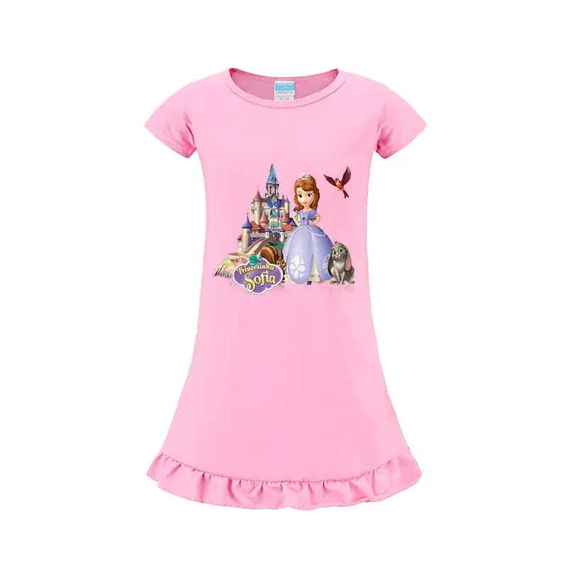 Girls Cartoon Print Pink T-Shirt with Ruffle Hem