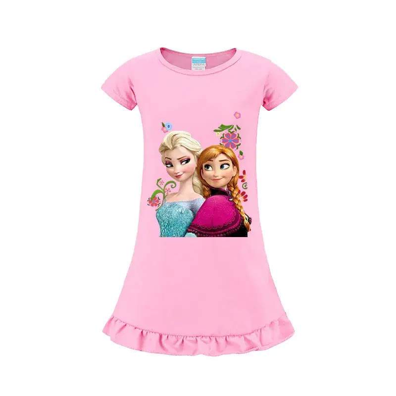 Girls Cartoon Print Pink T-Shirt with Ruffle Hem