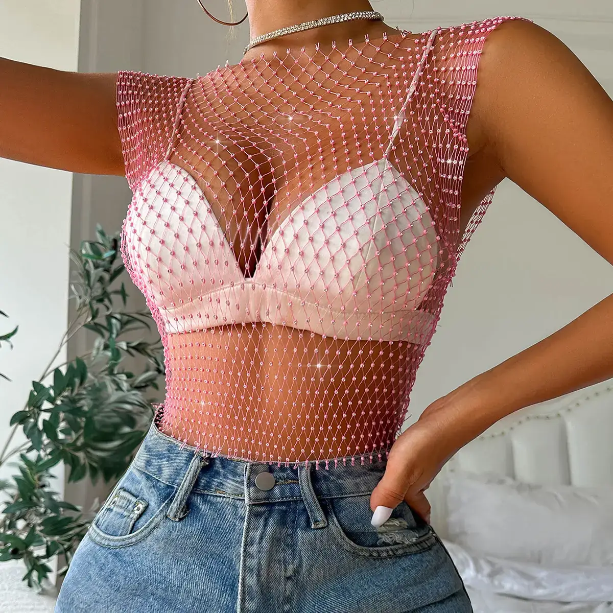 Black Rhinestone Mesh Women's Top 2026 - Image 32
