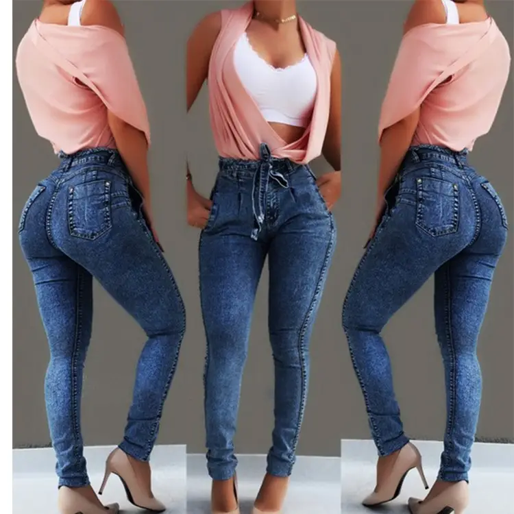 2019 Hot Women Slim Fit Jeans with Elastic Tassel Belt - Image 3