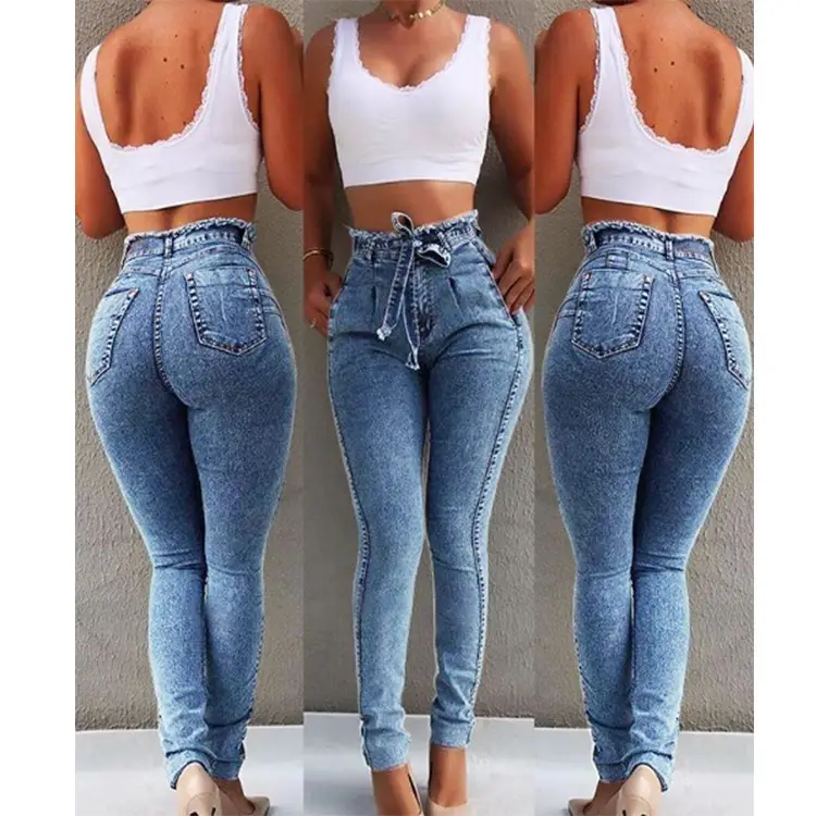 2019 Hot Women Slim Fit Jeans with Elastic Tassel Belt - Image 4