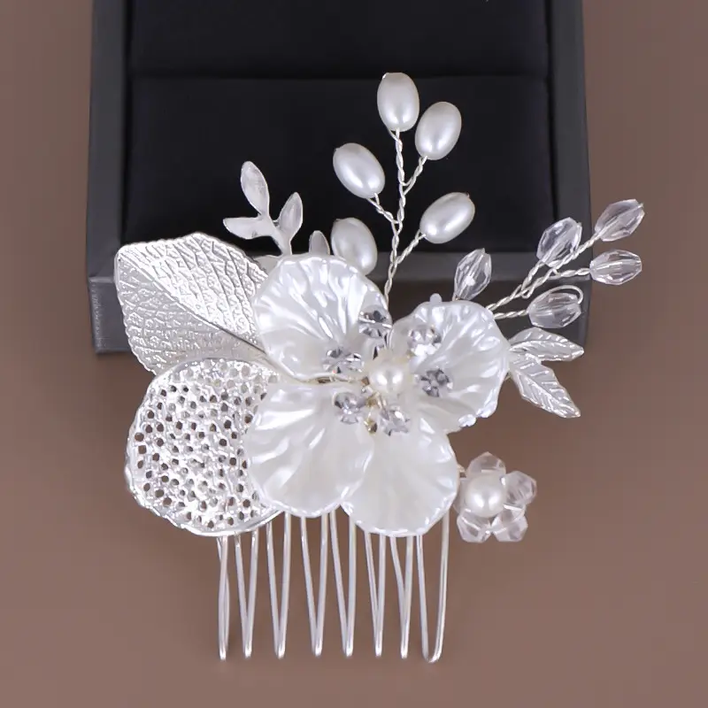 White Pearl Hair Comb with Leaf Design for Weddings