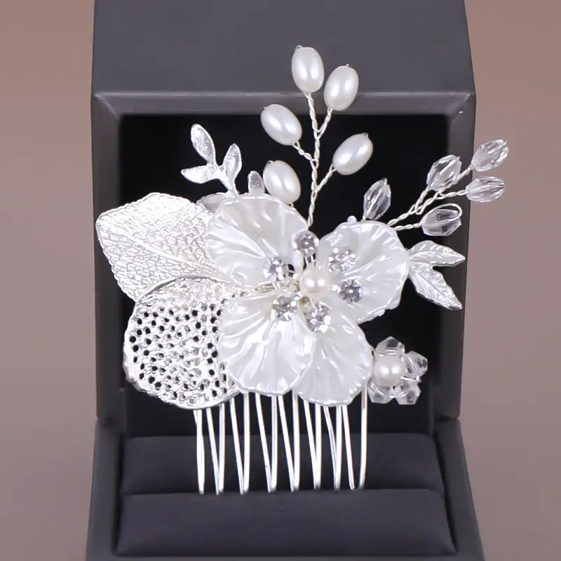 White Pearl Hair Comb with Leaf Design for Weddings