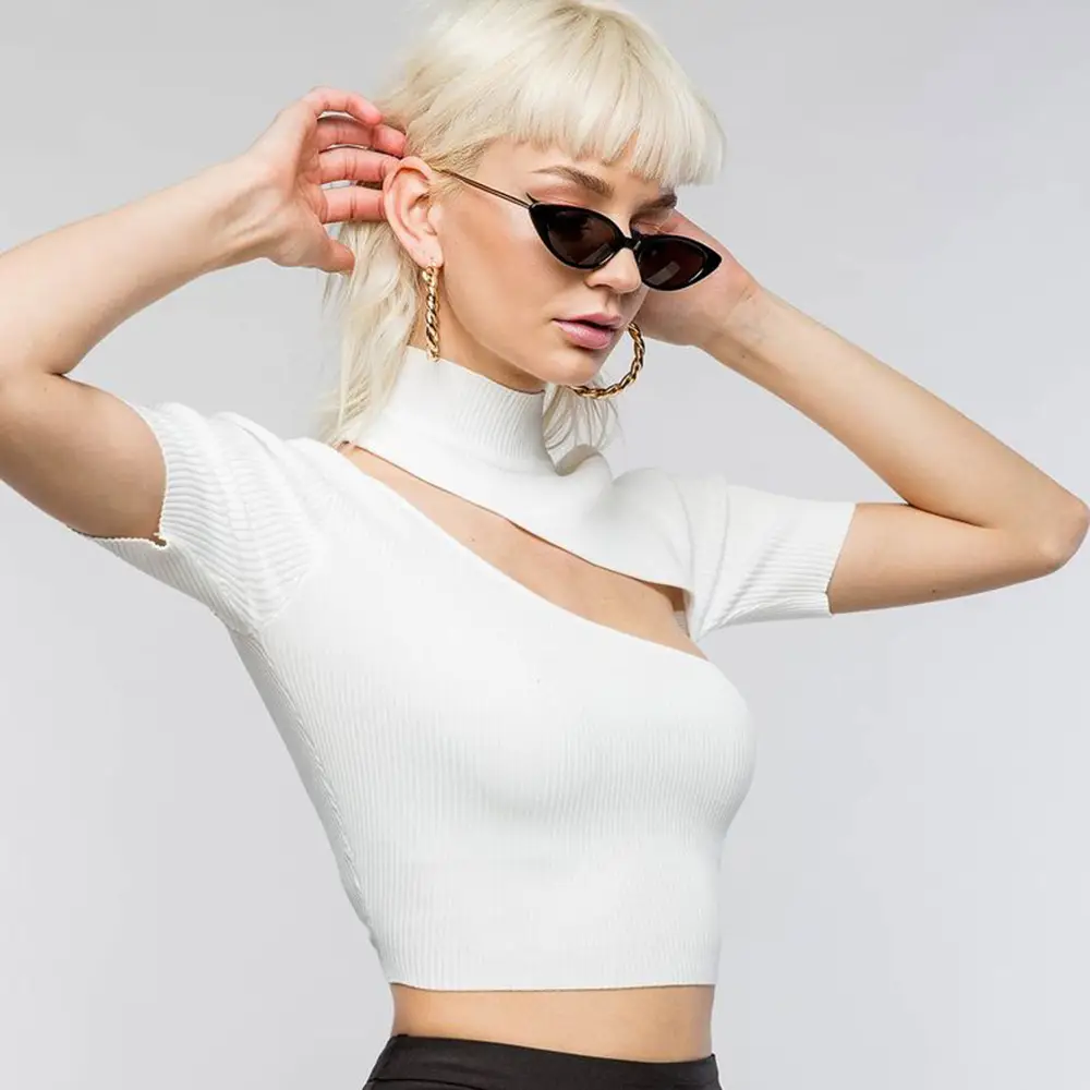 Women's Black Hollow Slant T-Shirt Short Sleeve Summer Top - Image 4