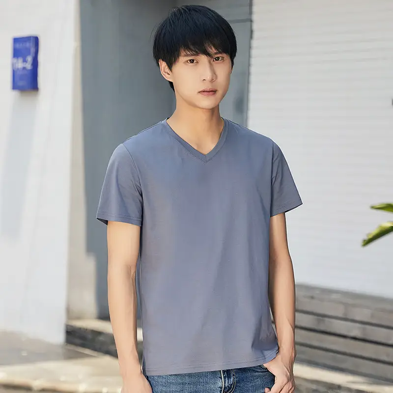 Men's 80M Cotton V-Neck T-Shirt Grey - Image 6