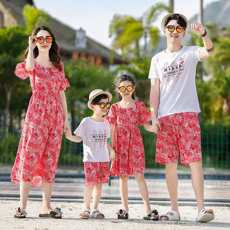 2022 New Summer Family Beach Suit Red Floral 3-4Pcs - Image 3