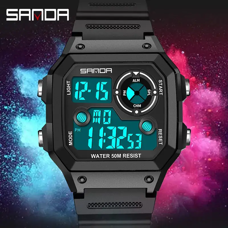 Sanda New Square Watch Swimming Waterproof Alarm Luminous Male Student Watch Korean Style Simple Fashion Sports Watch