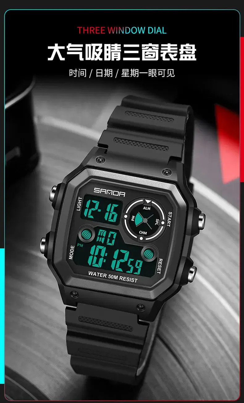 Sanda New Square Watch Swimming Waterproof Alarm Luminous Male Student Watch Korean Style Simple Fashion Sports Watch — feature 12
