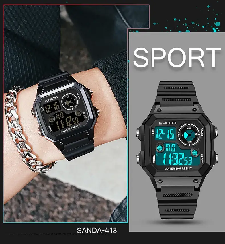Sanda New Square Watch Swimming Waterproof Alarm Luminous Male Student Watch Korean Style Simple Fashion Sports Watch — feature 18